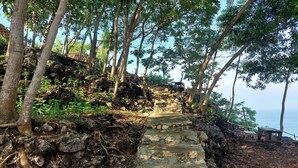 A stone staircase leading up a rocky hillside with trees and a bench at the top. - Bukit Shoka Top View Camp (Giricahyo)