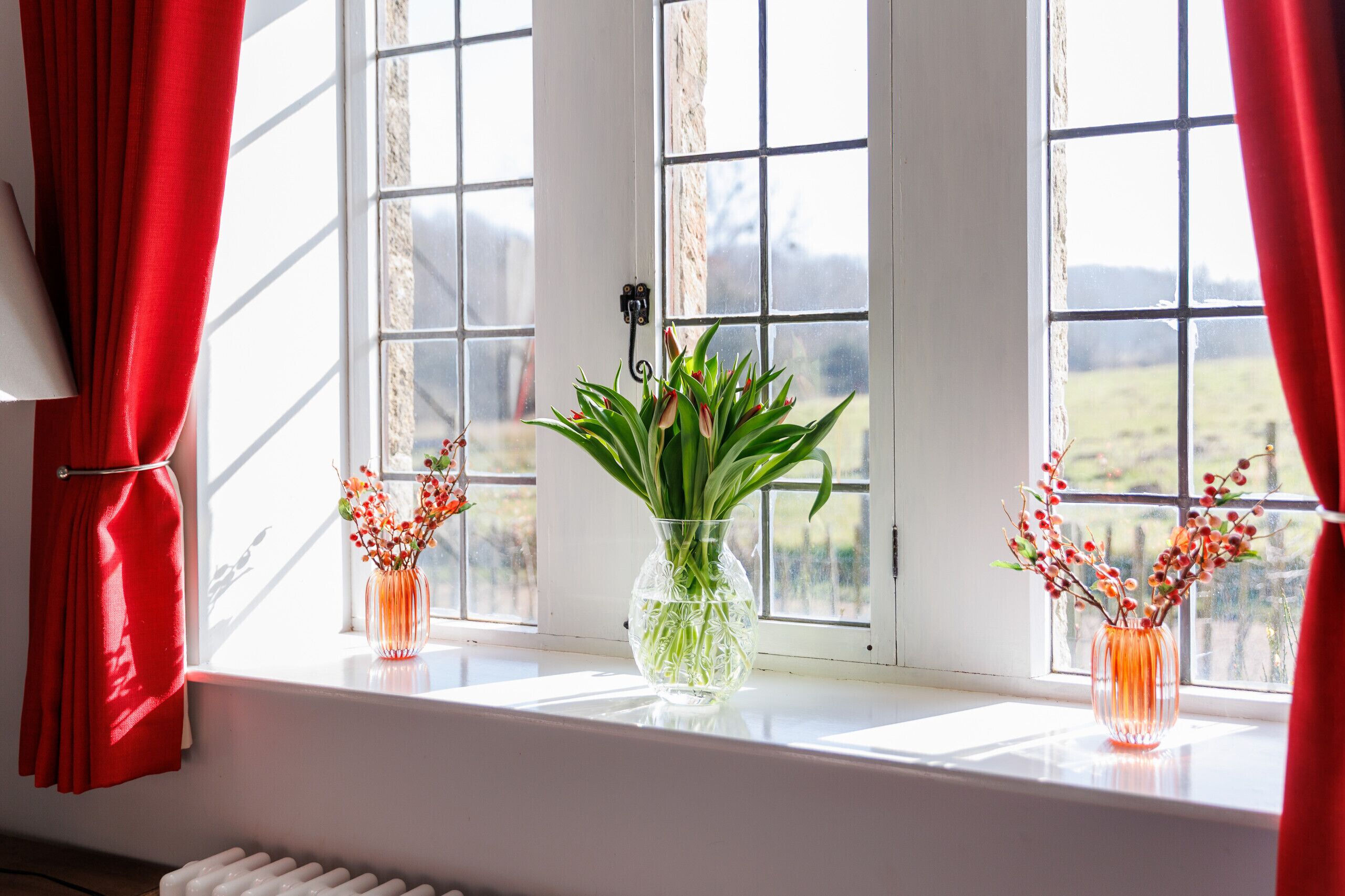 Ein Fenster mit Blick auf ein grünes Feld, zwei Vasen mit Blumen und rote Vorhänge.