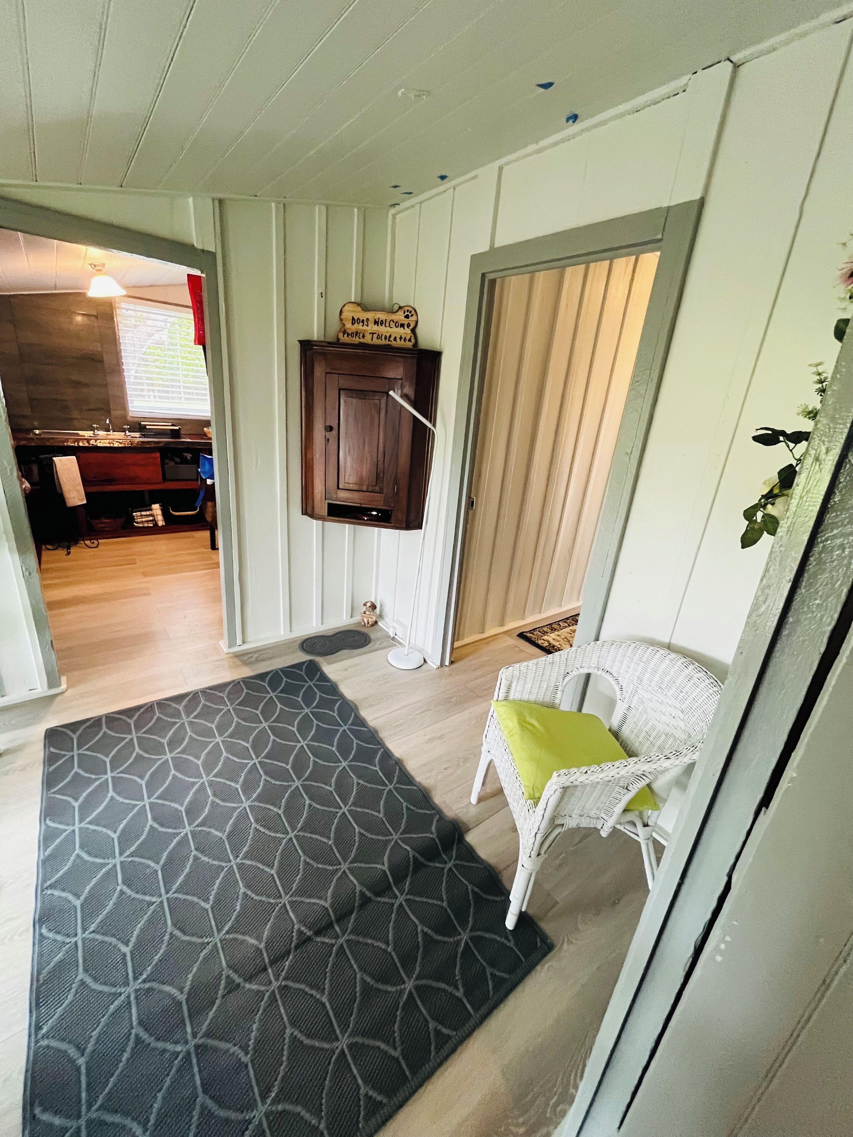 A room with a wooden door, a small dog figurine, a wicker chair with a green cushion, and a patterned rug.