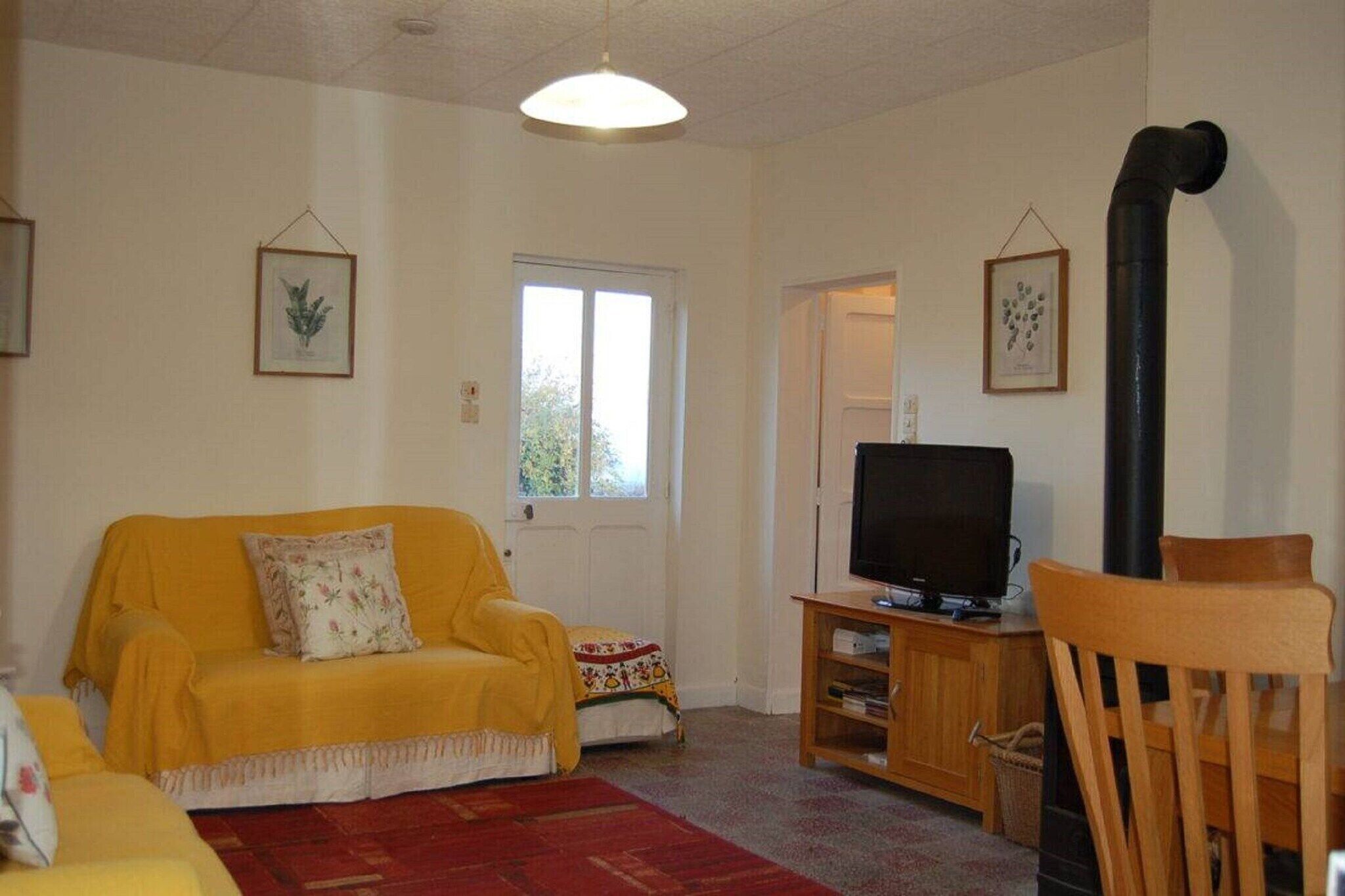 A living room with a yellow sofa, a television on a wooden stand, a red rug, and a black chimney.