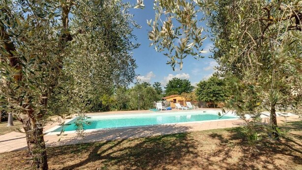 A swimming pool surrounded by trees, with a building in the background. - Casa de' Fossi (Reggello)