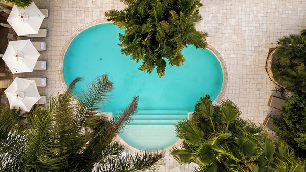 Outdoor pool, pool umbrellas, pool loungers