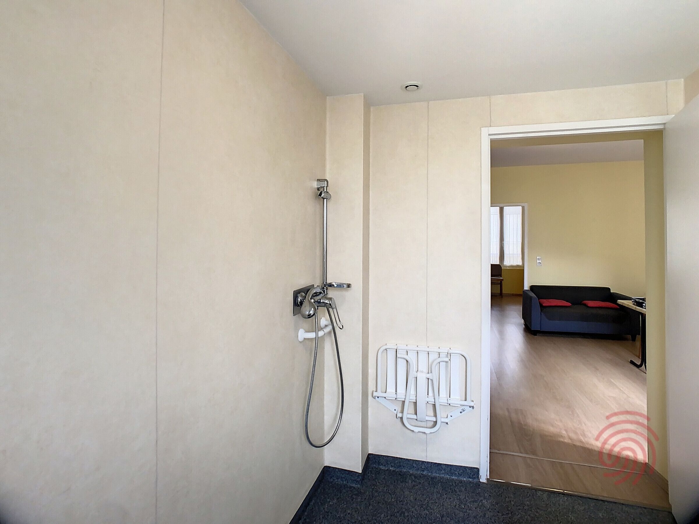 Casa de banho com chuveiro, radiador e vista para uma sala de estar com sofá e mesa.