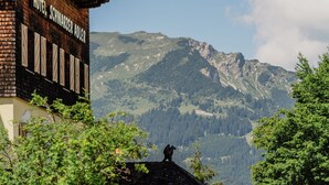 A hotel with a mountain view, a wooden facade, and a sign indicating the name. - Hotel Schwarzer Adler (Tannheim)