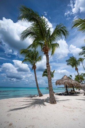 A beach with palm trees and a thatched umbrella. - Family Dominicus Apartment - Bayahibe (Bayahibe)
