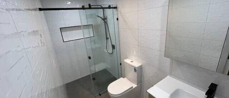 Et moderne badeværelse med brusekabine i glas, toilet og håndvask med spejl.