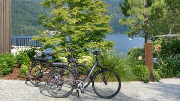 A bicycle parked on a cobblestone path with a view of a lake and mountains in the background.