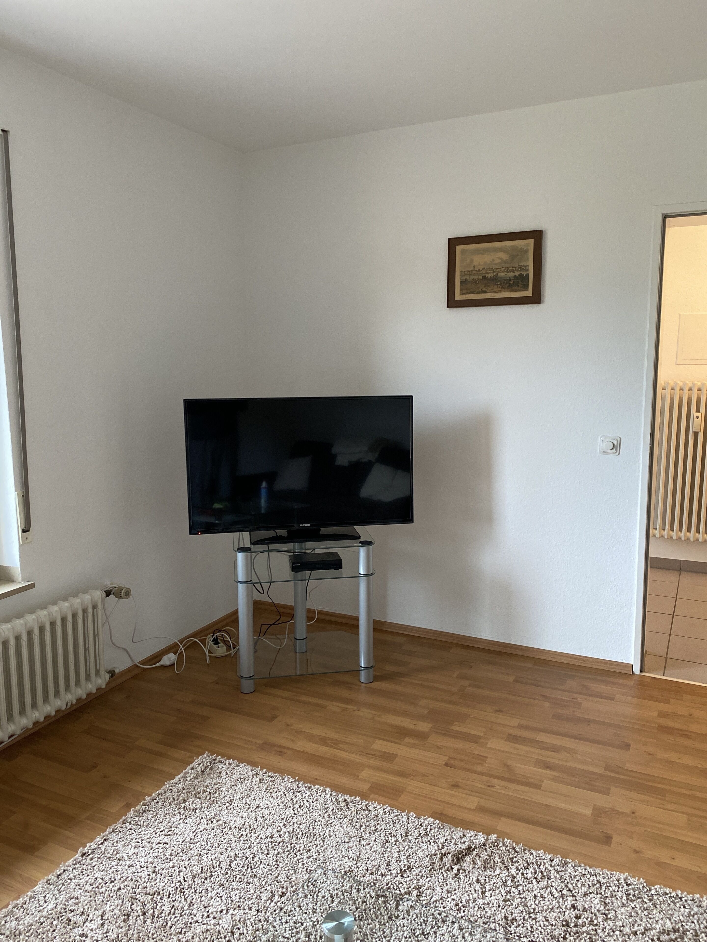 Un salon avec un téléviseur à écran plat posé sur un meuble, un radiateur et un tableau encadré accroché au mur.