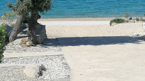 A tree-lined beach with clear blue waters and a distant shoreline. - Newly built mobile home by the sea with large terrace (Drage)