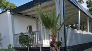A modern house with a covered porch, a palm tree, and various potted plants. - Newly built mobile home by the sea with large terrace (Drage)