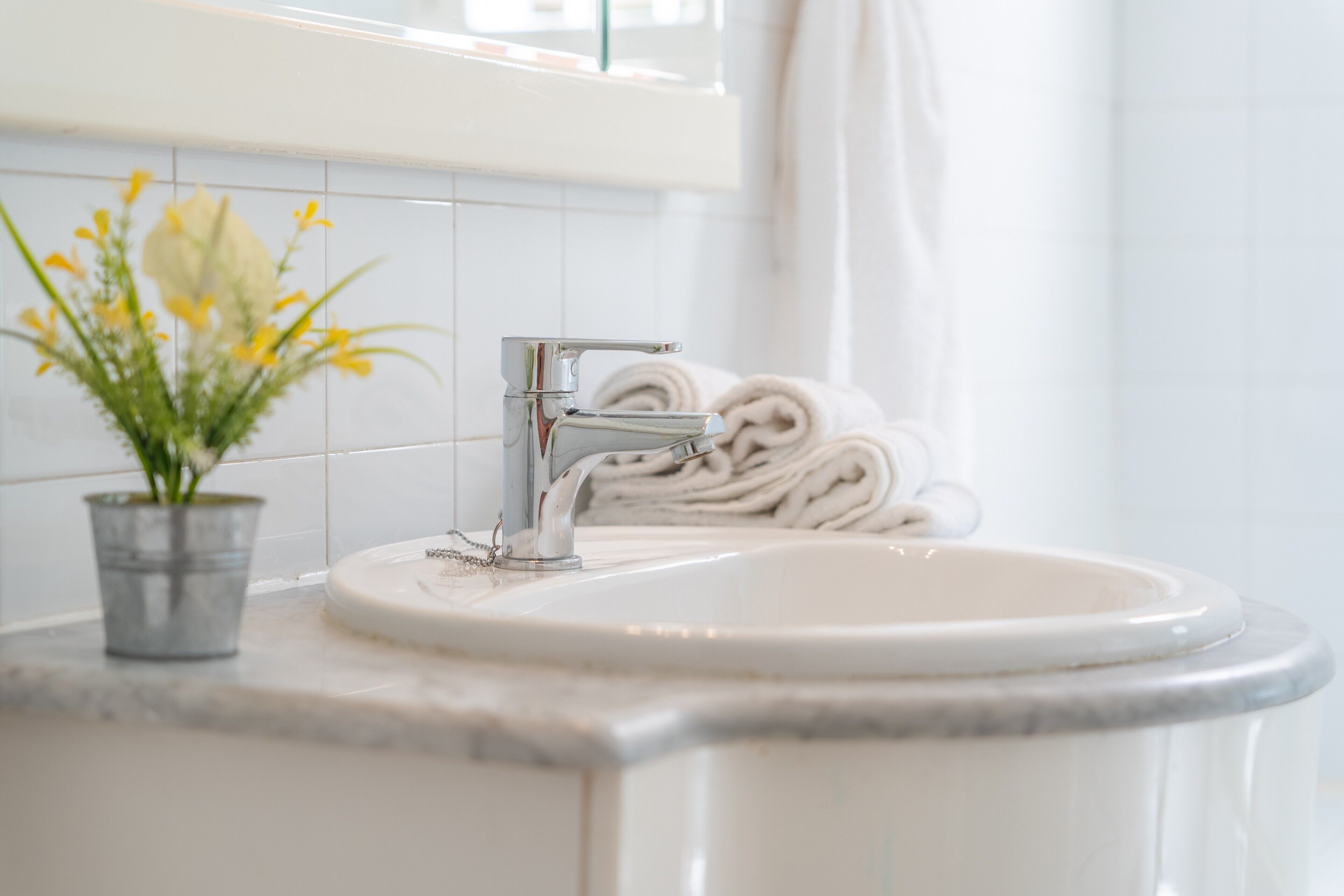 A bathroom with a white sink, a chrome faucet, a potted plant, and rolled towels.