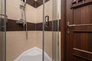 Douche, sèche-cheveux, serviettes fournies, shampoing