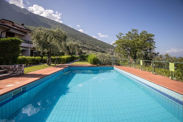 A swimming pool with tiled edges, surrounded by a stone wall, a paved walkway, and greenery.