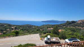 A coastal road with a truck and a car, surrounded by greenery and a clear view of the sea and distant mountains.
