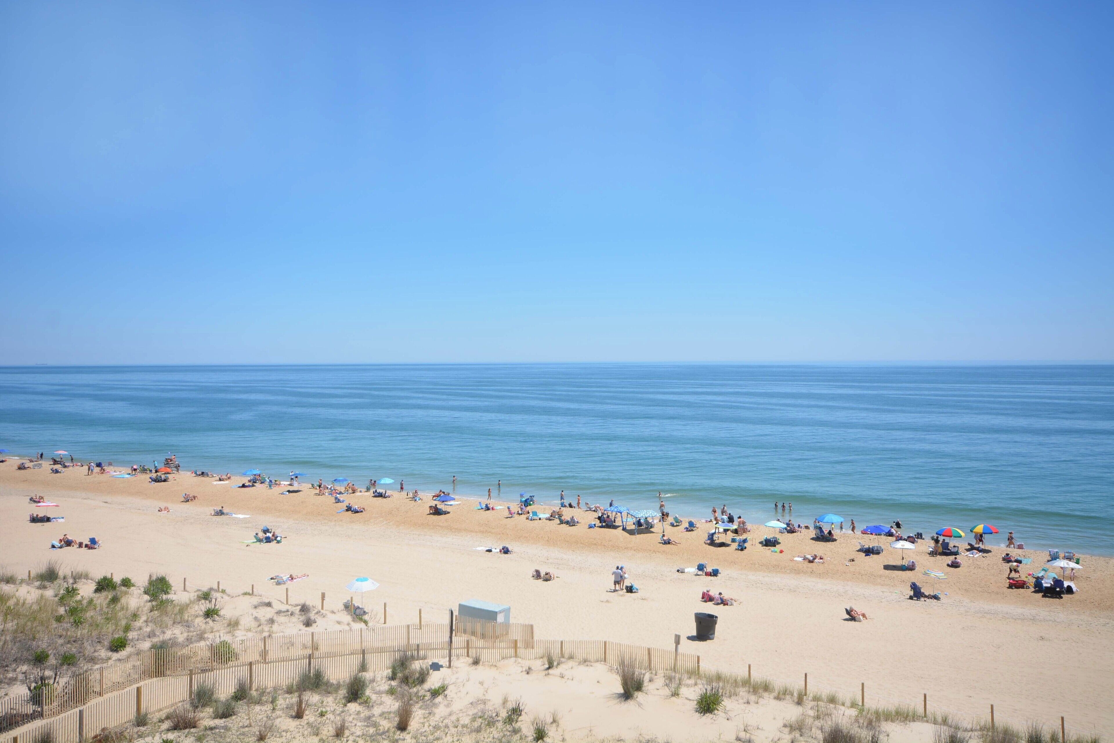 A beach with people sunbathing and swimming, a wooden fence, and a clear blue sky.