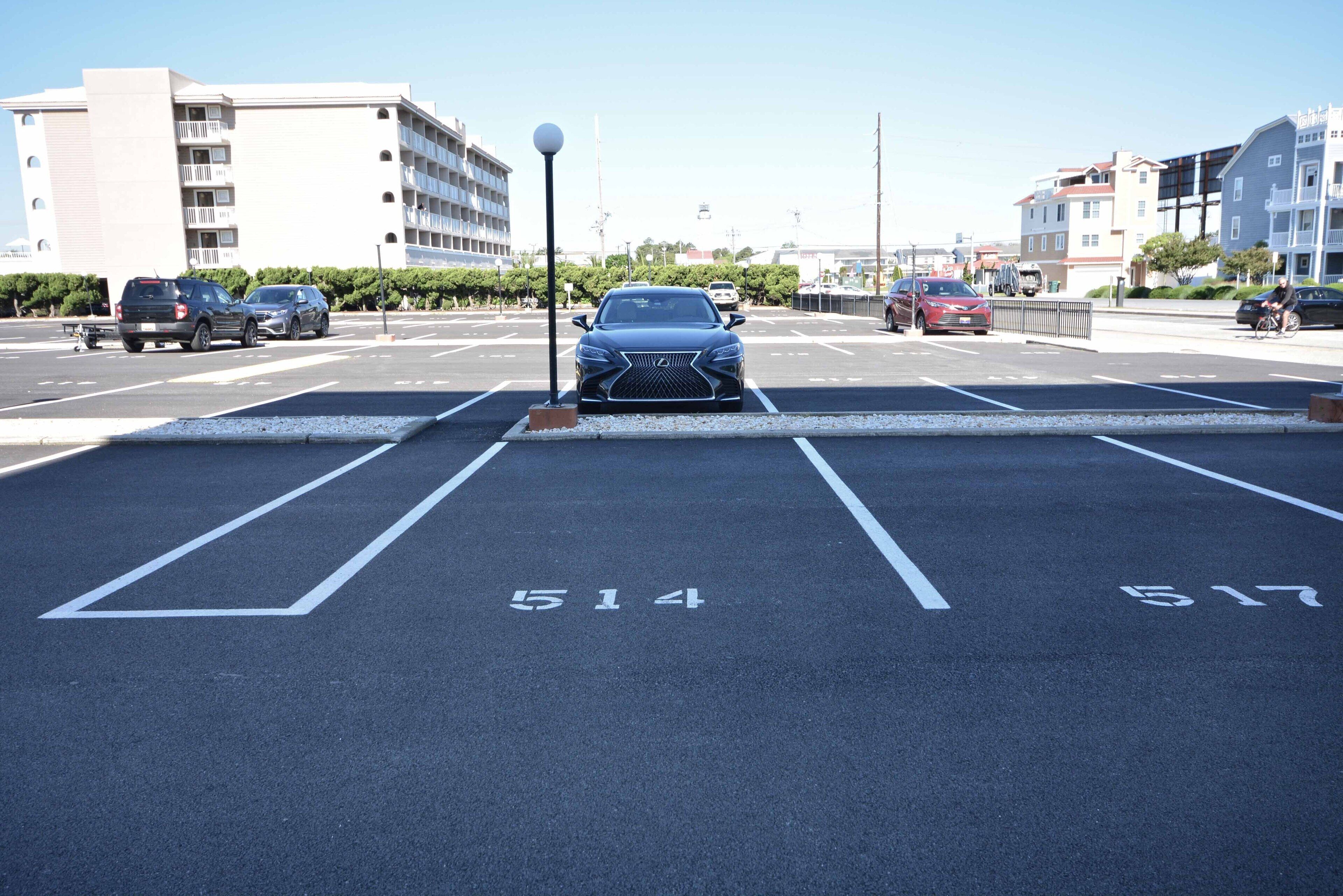 A parking lot with marked spaces, including numbers 514 and 517.