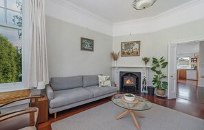 Smart TV, chimenea y libros 