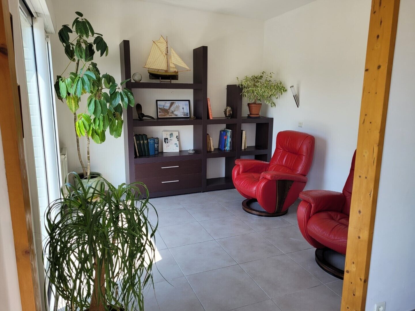 A room with a red leather chair, a bookshelf, a potted plant, and a window.