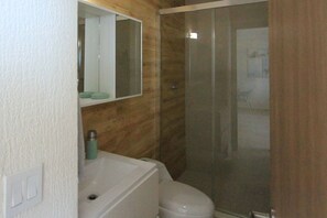Regadera, toallas, papel de baño 