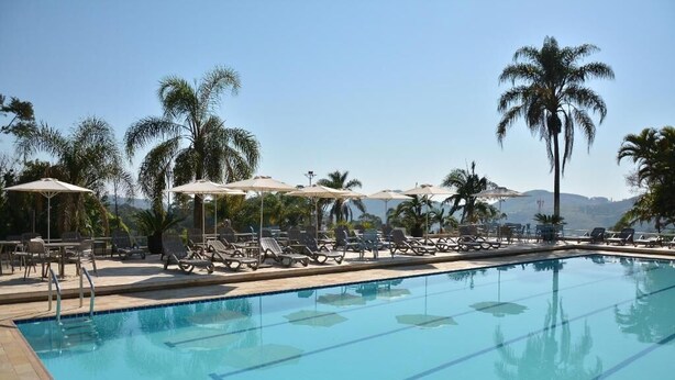 A swimming pool with lounge chairs and umbrellas, surrounded by palm trees.