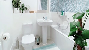 Combined shower/bathtub, hair dryer, towels, soap