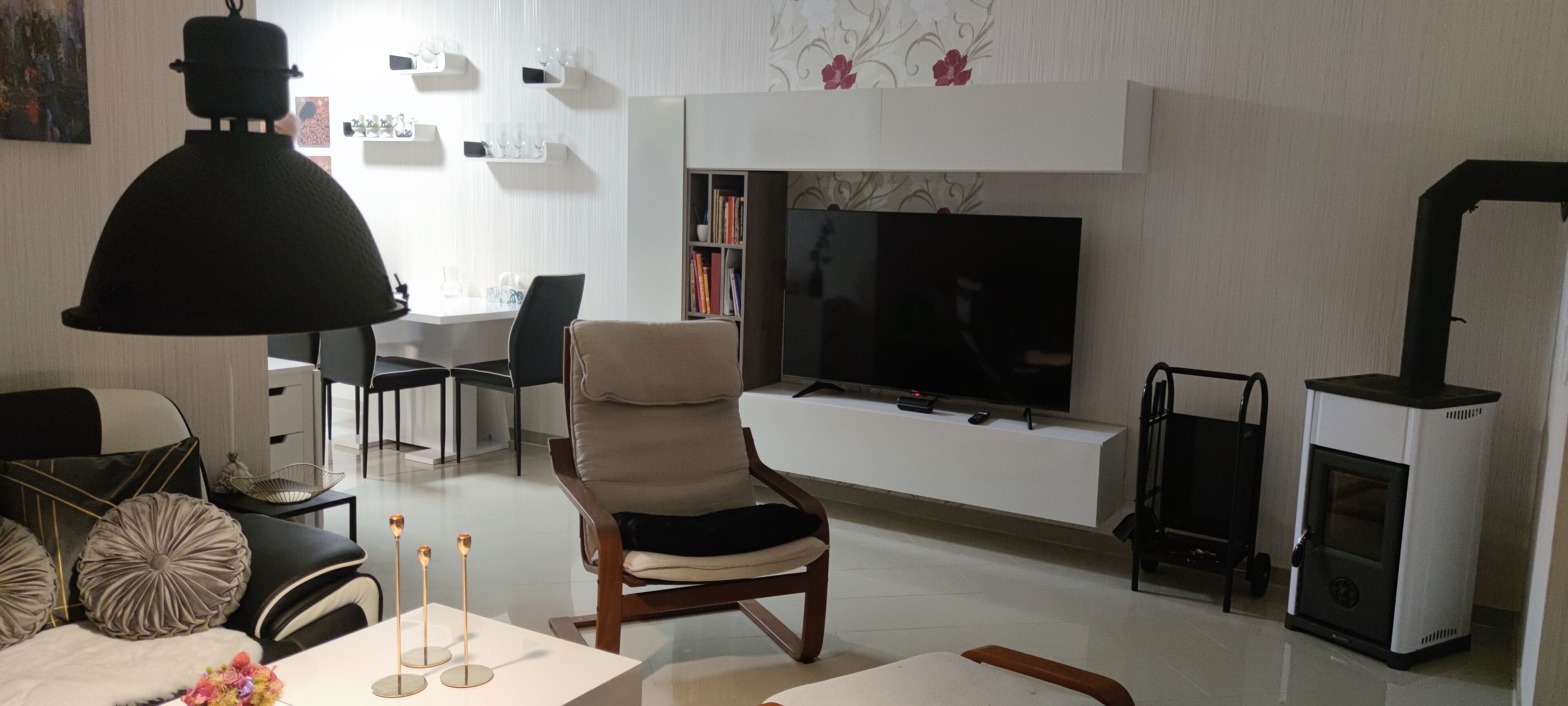 Smart TV, fireplace, books, video library