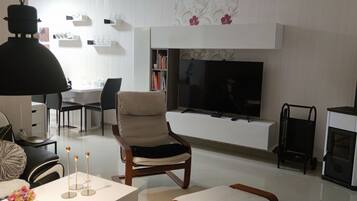 Smart TV, fireplace, books, video library