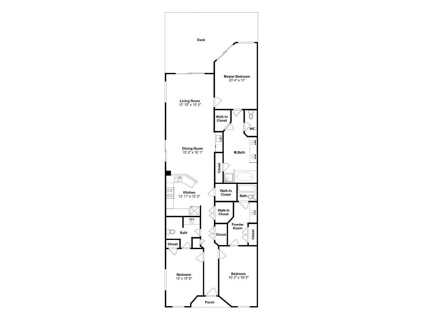 A floor plan of a house with a deck, master bedroom, living room, dining room, kitchen, two bedrooms, two bathrooms, and two walk-in closets.