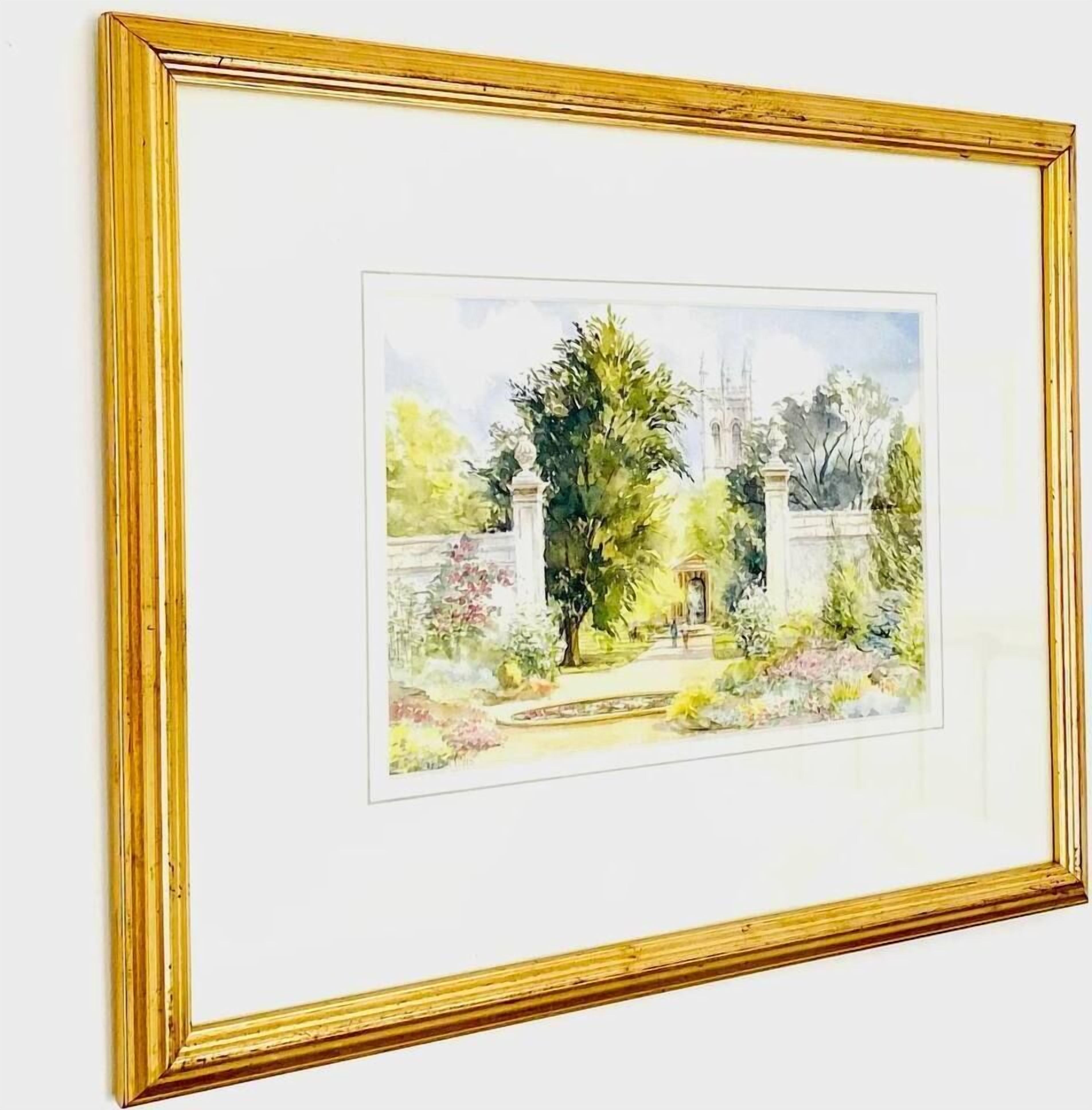 Una acuarela enmarcada que muestra un jardín con una fuente, árboles y un edificio al fondo.
