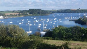 A coastal area with numerous boats docked in a harbor, surrounded by greenery and a clear sky.