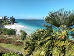 A coastal view with a beach, clear blue sea, and lush greenery.