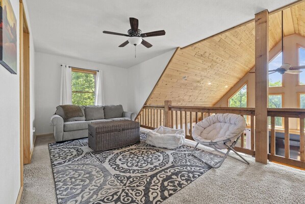 Smart TV, fireplace, books