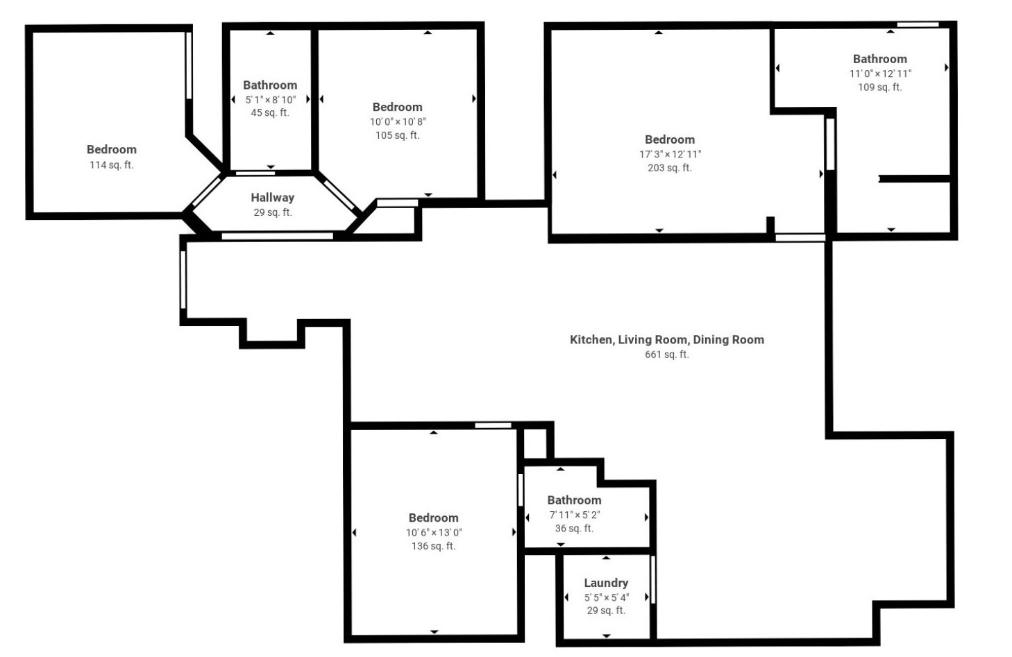 A floor plan of a hotel with multiple bedrooms, bathrooms, a kitchen, living room, dining room, and a laundry area.