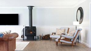 Ein Wohnzimmer mit einem schwarzen Kaminofen, einem braunen Ledersofa, einem hellblauen Sessel und einem weißen, an der Wand montierten Fernseher.