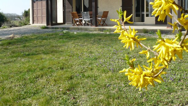 A house with a covered porch, a dining area with chairs, and a lawn with yellow flowers. - Maison Entre Prés et Bois (Marboz)