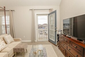 TV, fireplace, books, offices