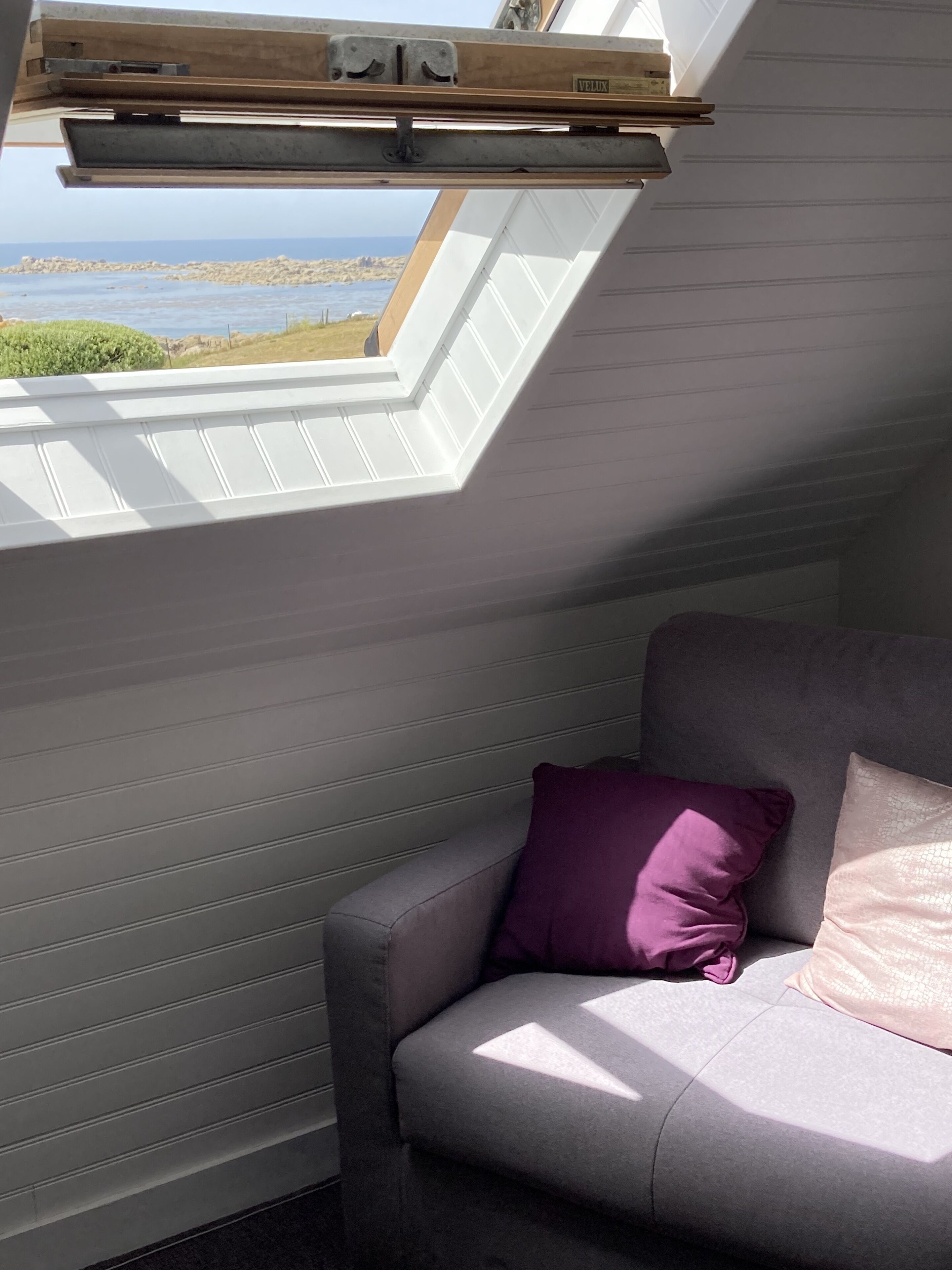 A room with a skylight, a grey sofa, and a purple pillow.