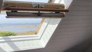 Et værelse med ovenlys, en grå sofa og en lilla pude.