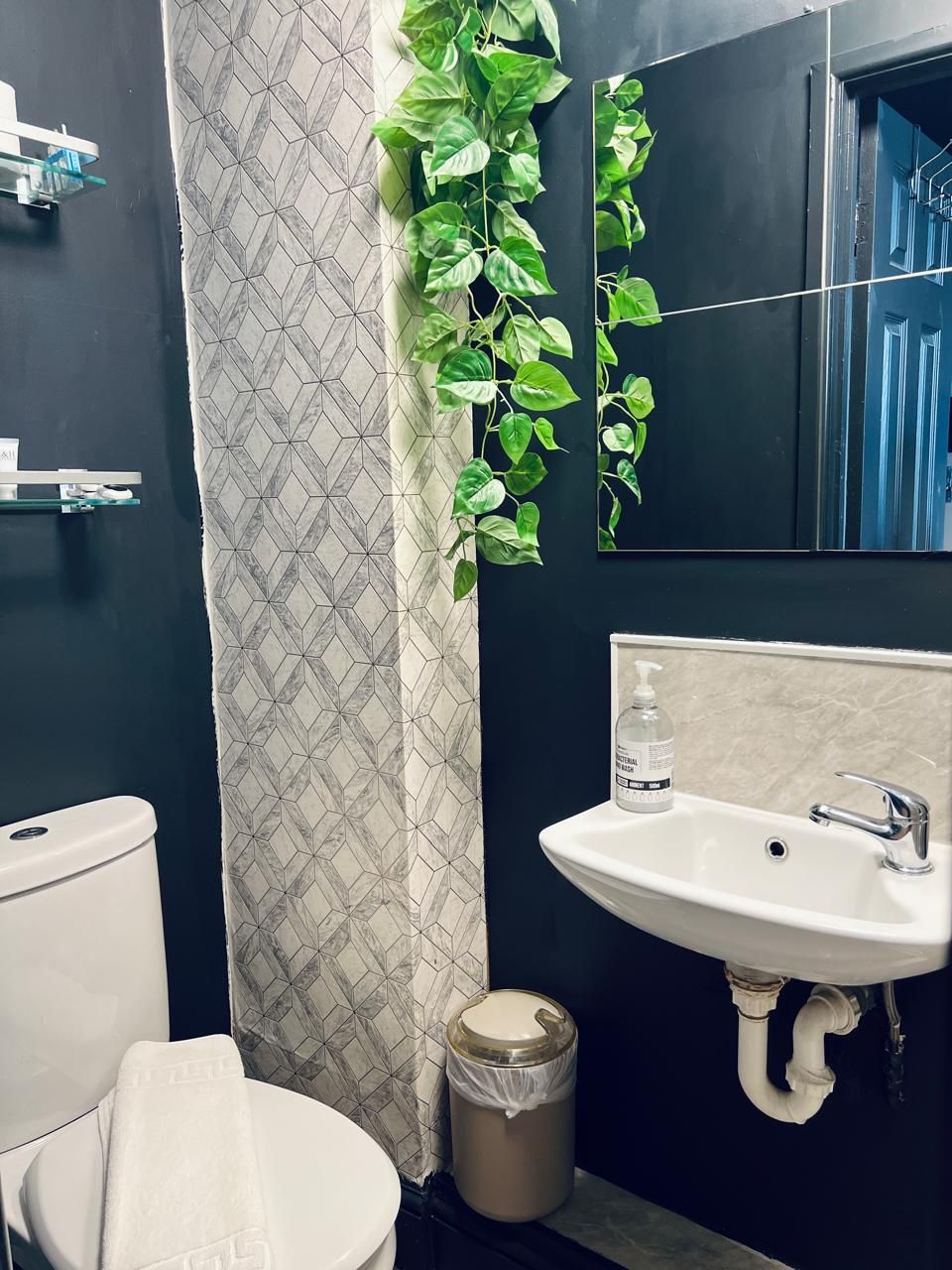 Une salle de bain avec des toilettes, un lavabo et une poubelle.