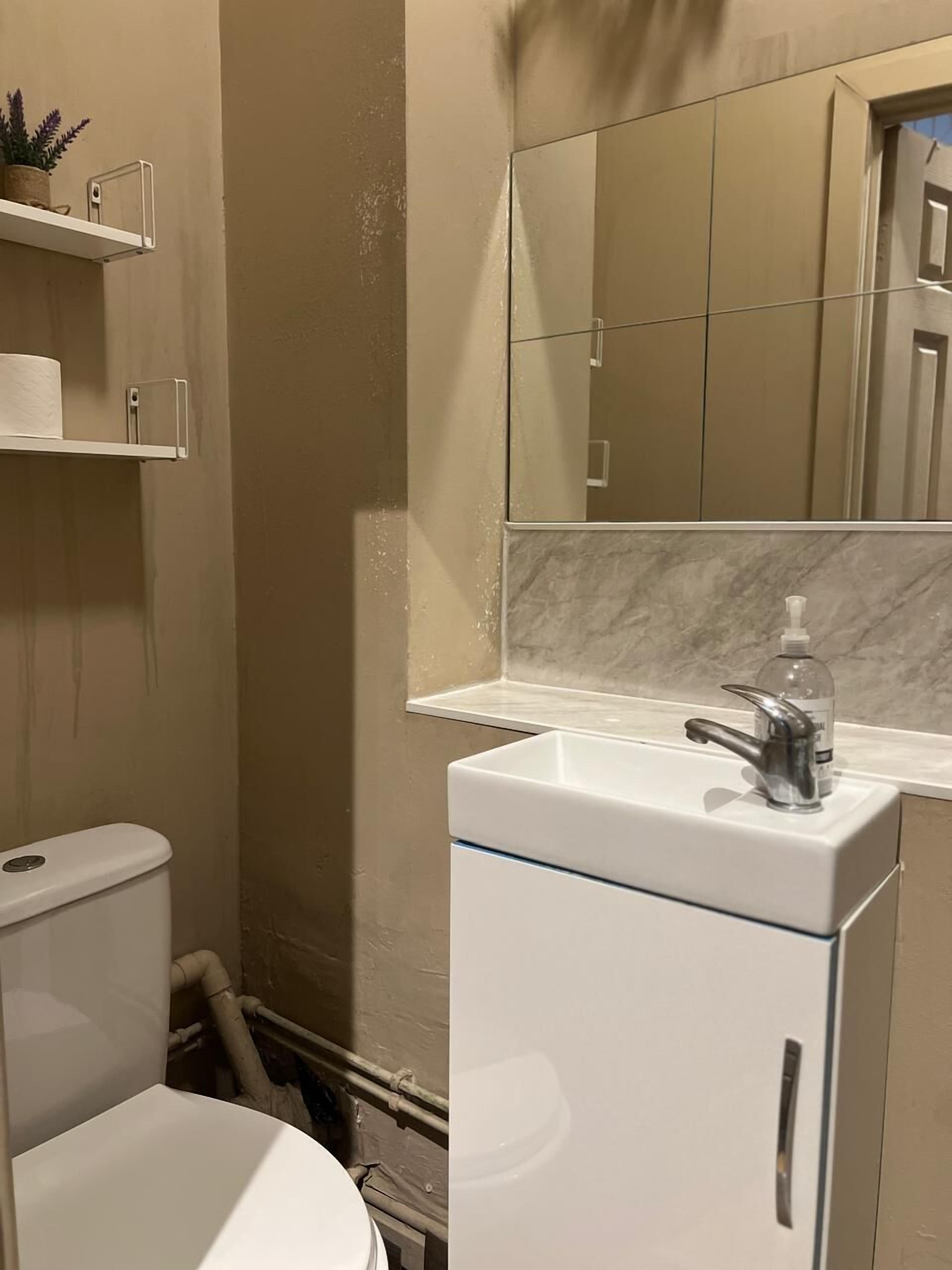 A bathroom with a toilet, a sink with a soap dispenser, a mirror, and beige cabinets.