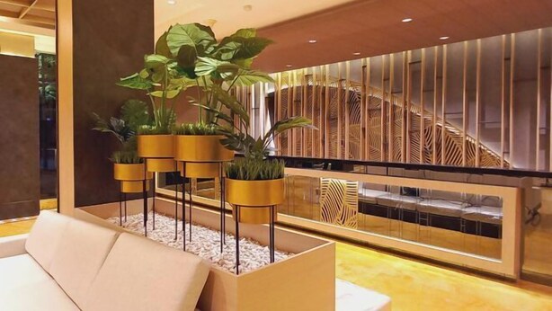A modern lobby with a sofa, potted plants, and a decorative wall with vertical lines.