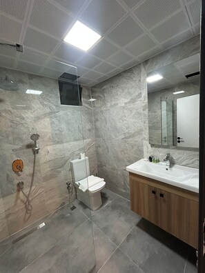 Shower, rainfall showerhead, hair dryer, slippers