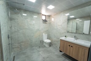 A modern bathroom with a glass shower enclosure, a toilet, and a vanity with a mirror. - Sever Suites Hotel (Antalya)
