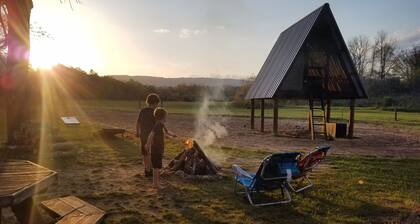 Camp under Blue Ridge Mtn sky river A Frame Cabin