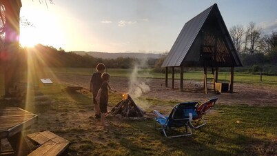Camp under Blue Ridge Mtn sky river A Frame Cabin