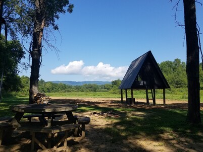 Camp under Blue Ridge Mtn sky river A Frame Cabin