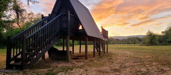 Camp under Blue Ridge Mtn sky river A Frame Cabin