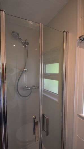 Shower, towels, soap, toilet paper