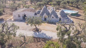 A traditional stone house with a swimming pool, surrounded by olive trees and a gravel driveway. - TD Trulli Albapetra Pool & Olive Trees (Polignano a Mare)