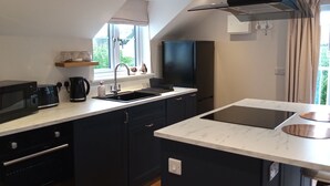 Eine moderne Küche mit schwarzem Arbeitsplatz, integriertem Backofen, Spüle und Fenster mit Blick auf Grünflächen.